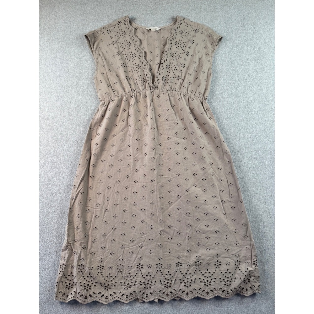 Garnet Hill Women Gray Cotton Eyelet Scalloped V-Neck Midi Dress 25801 Size 2